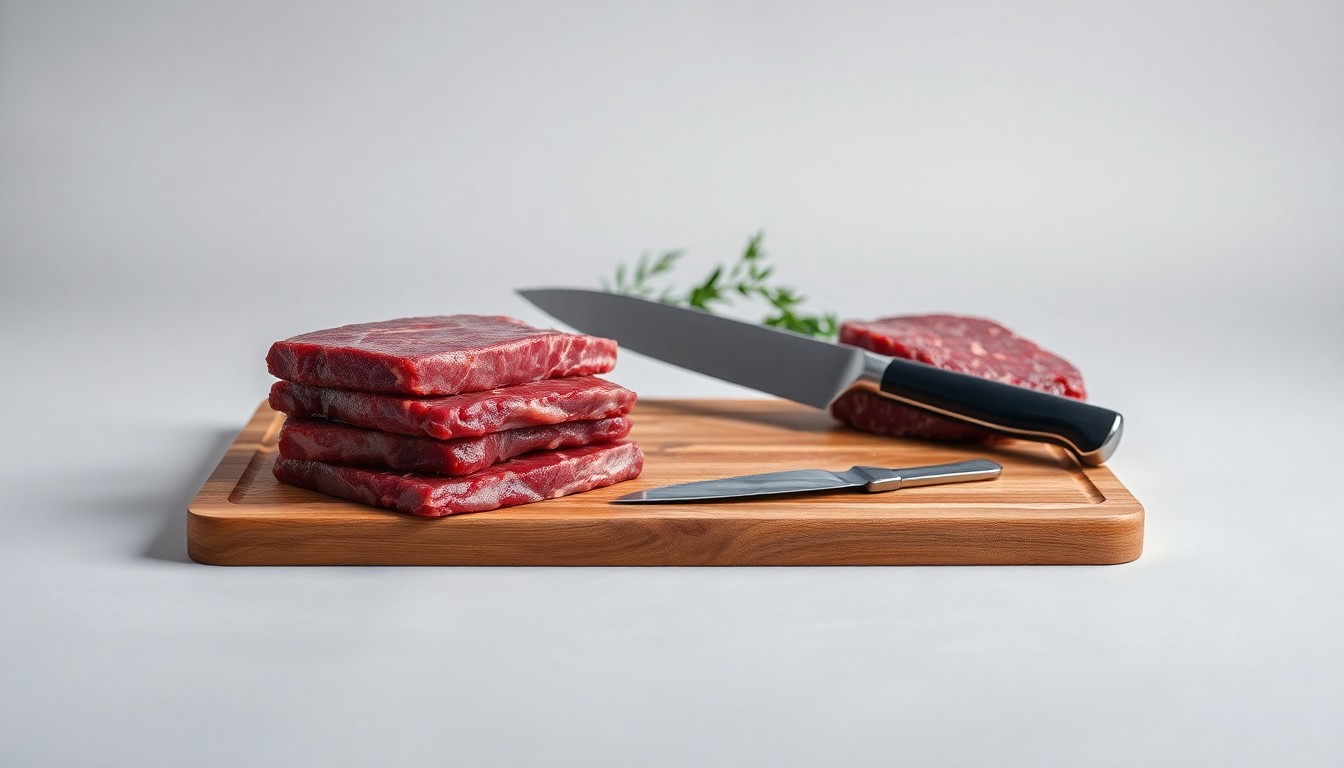 A high-end, photorealistic studio still-life photograph featuring a stack of premium steak cuts, a butcher's knife, and a wooden cutting board on a clean, monochromatic seamless background, conceptually representing the corporate strategy and financial performance of the meat processing industry.