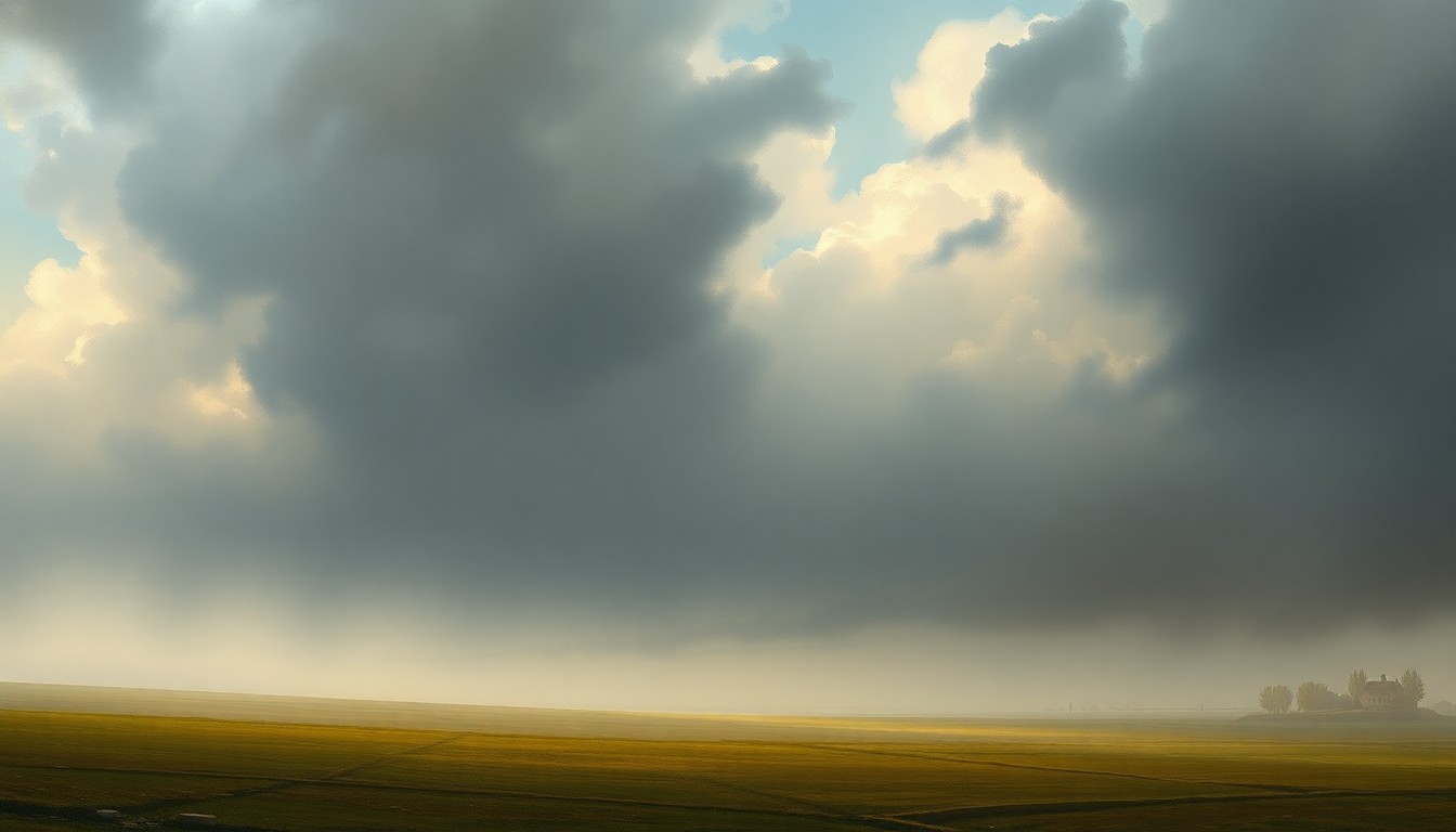 A sweeping, atmospheric landscape painting in muted tones, with a vast, fog-shrouded field under a dramatic, cloudy sky, conveying the overwhelming scale and power of nature's forces.