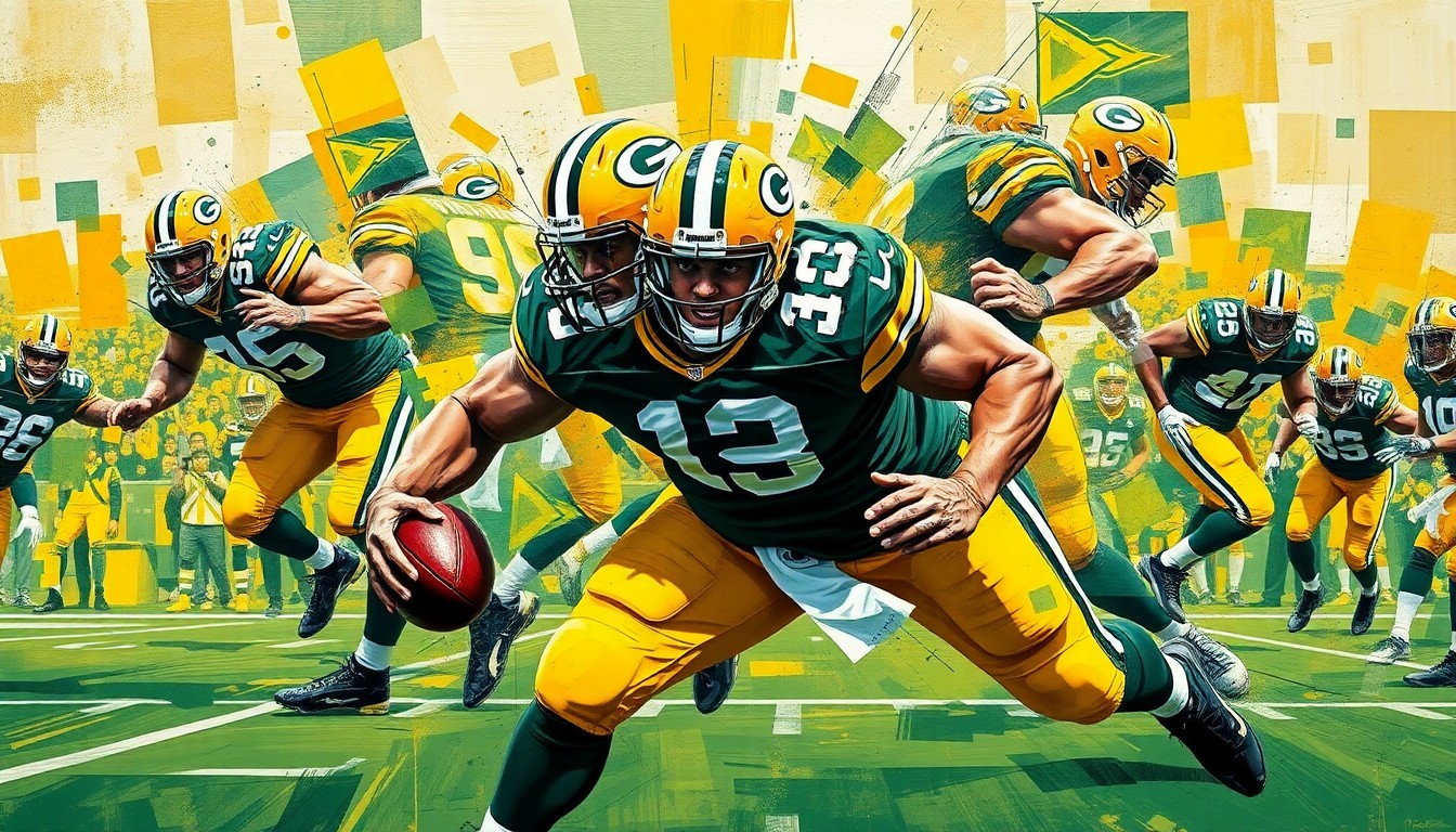 A fragmented, geometric painting depicting the explosive movements and powerful presence of a defensive tackle, with sharp planes of green and gold representing the Green Bay Packers' colors.