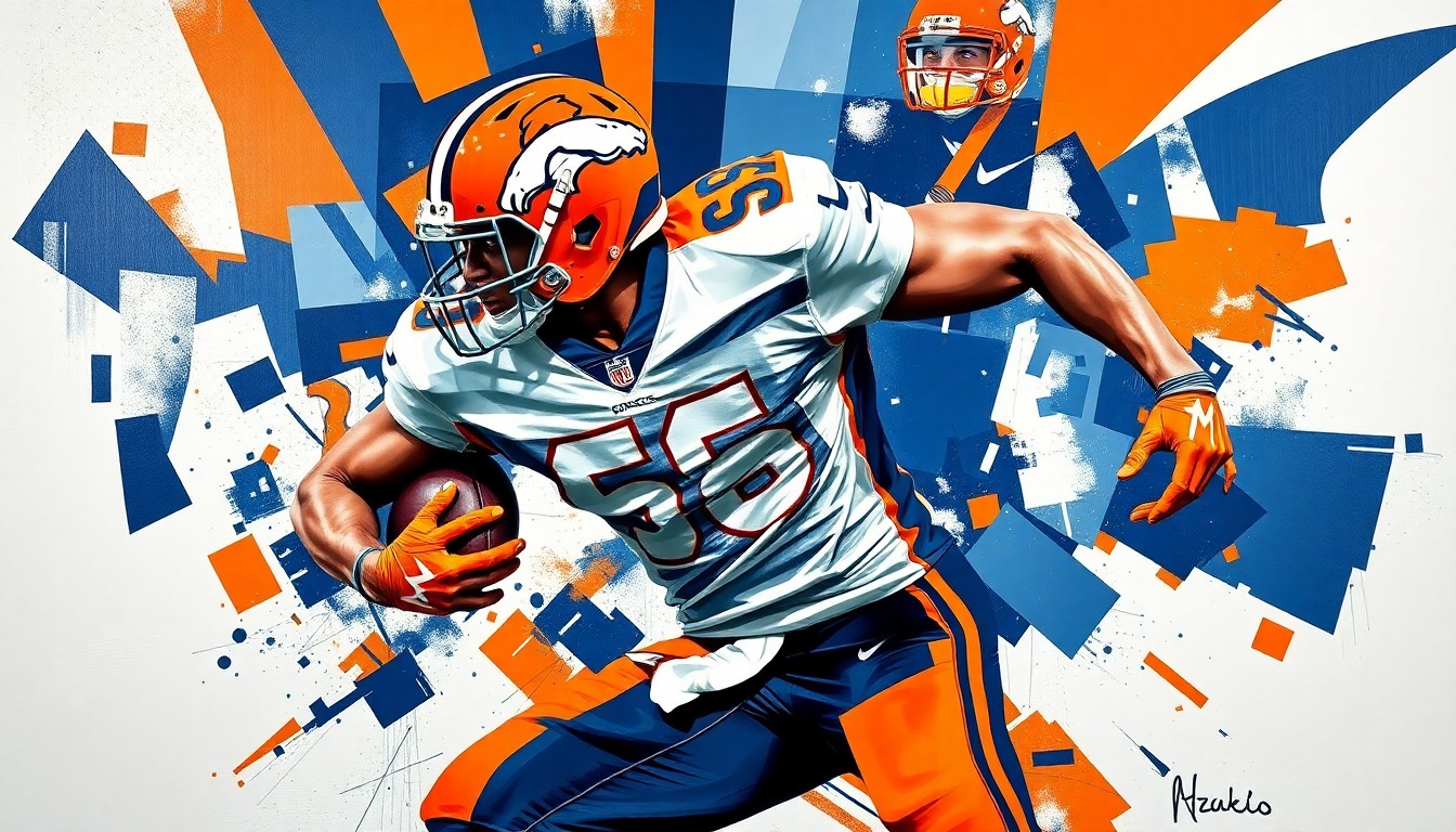 A fragmented, geometric painting depicting a football player in mid-motion, with sharp planes of navy blue, orange, and white representing the Broncos' team colors and the fractured, multi-perspective style conceptually reflecting the team's search for a tight end to solidify their passing game.