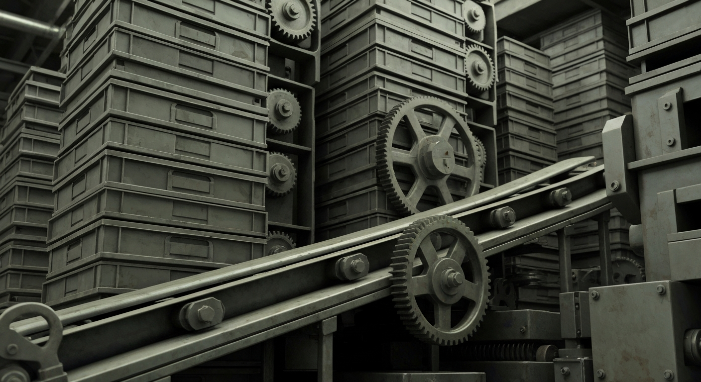 An extreme close-up of heavy, industrial medical supply machinery in muted tones, conceptually representing the scale and complexity of McKesson's healthcare distribution operations.