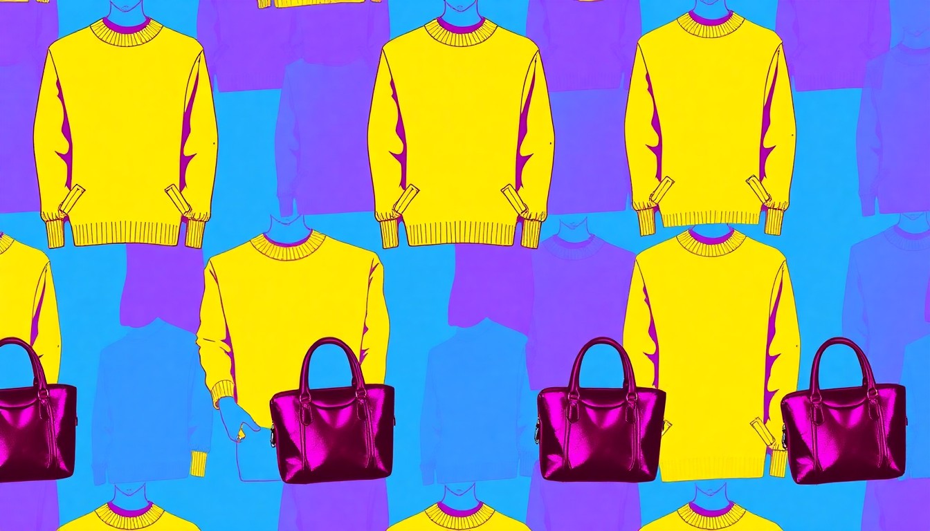A vibrant, high-contrast silkscreen print featuring a repeated pattern of a single Aimé Leon Dore fashion item, such as a knit sweater or leather tote bag, in a bold, neon color palette with heavy black outlines, conceptually representing the brand's refined yet relaxed aesthetic.