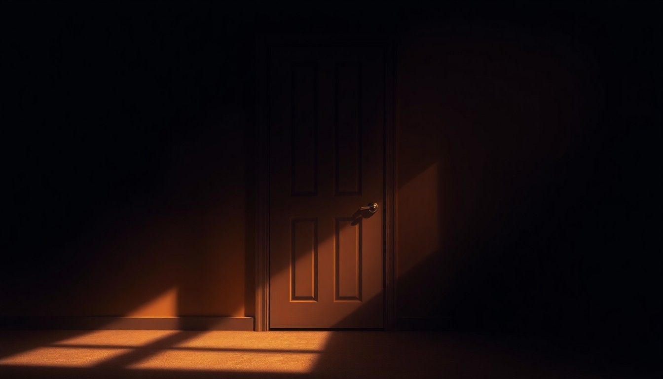 A photorealistic oil painting of a hotel room door partially open, with warm light streaming in from the hallway and deep shadows on the walls, conceptually representing the hidden crisis of human trafficking.