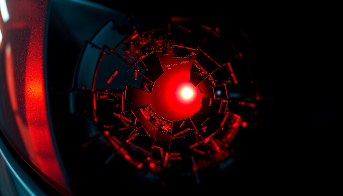An extreme close-up of a shattered car sensor lens reflecting a faint red light, conceptually illustrating the vandalism of self-driving cars.