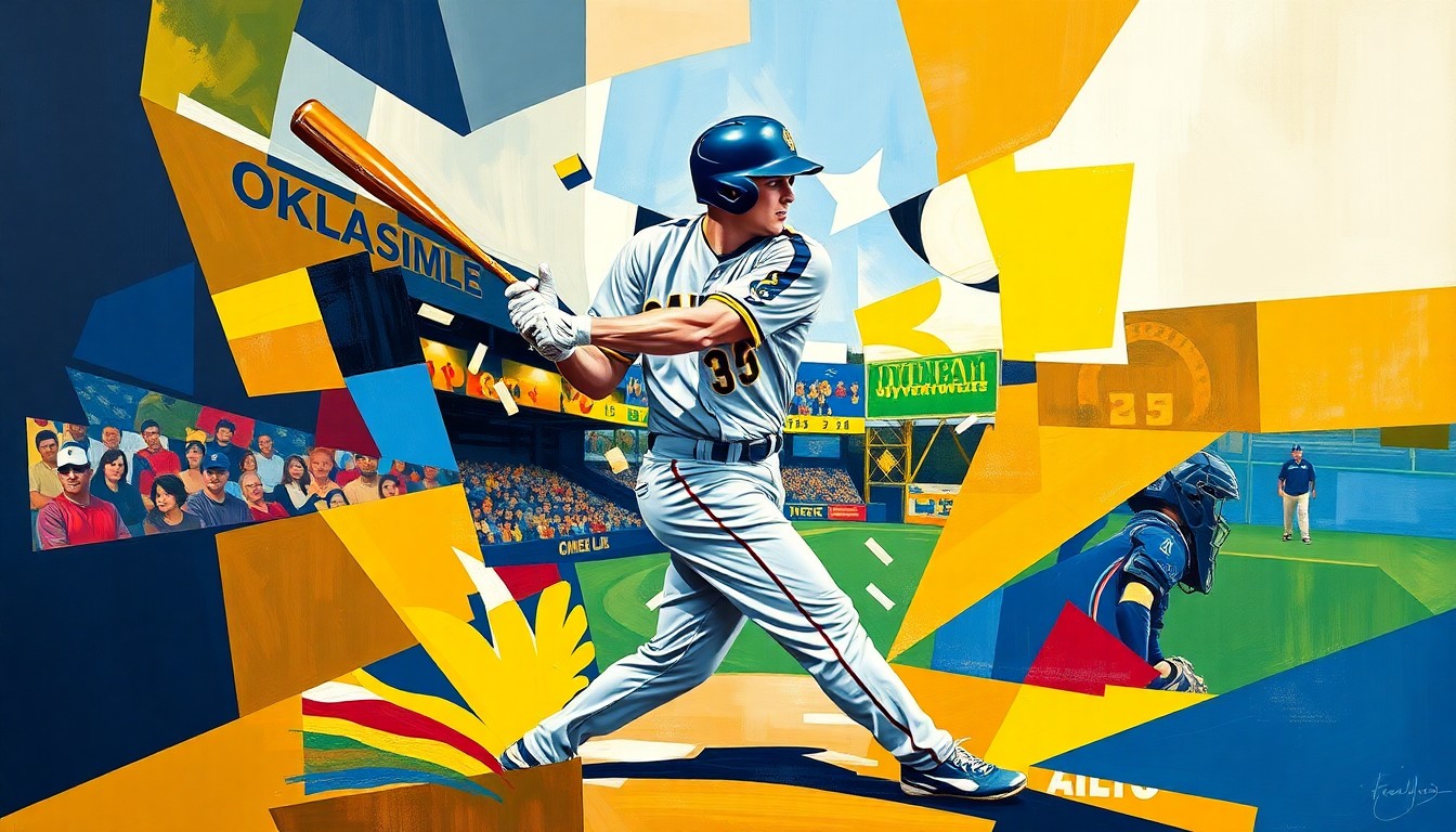 A cubist, geometric painting depicting a baseball player in the act of hitting a home run, with the player's form broken down into overlapping planes of navy blue and gold.