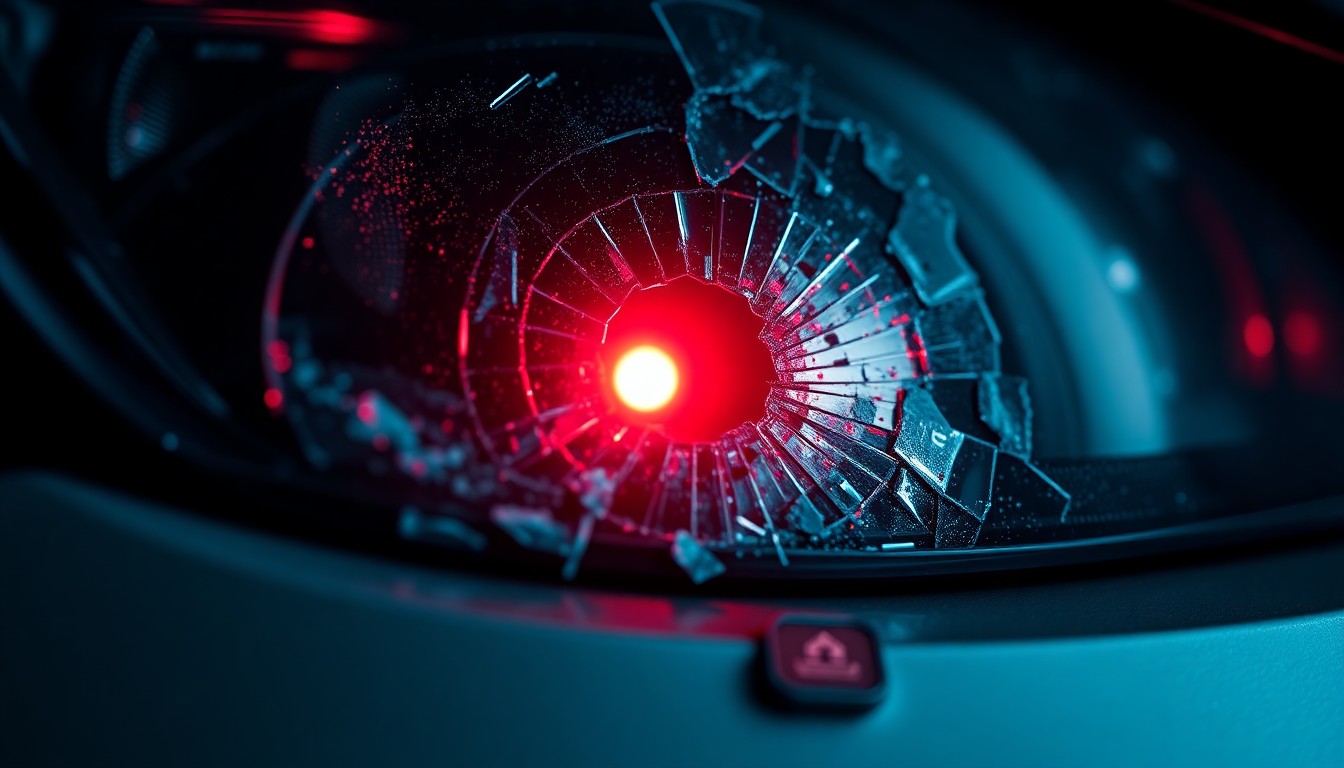 An extreme close-up of a shattered car sensor lens reflecting a faint red light, conceptually illustrating the vandalism of self-driving cars.