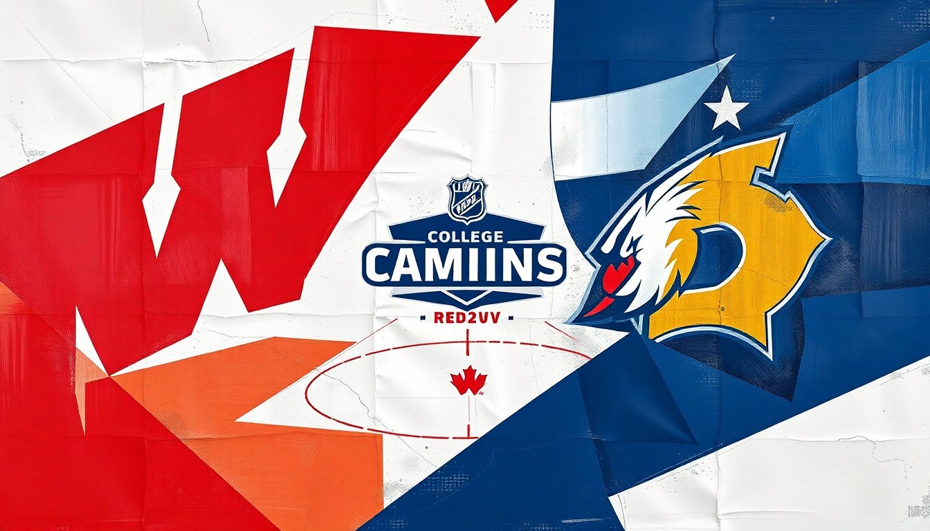 A fractured, cubist-style painting depicting the action and energy of a college hockey championship game, with the players and ice rink broken down into sharp, overlapping geometric shapes in the team colors of Wisconsin and Denver.