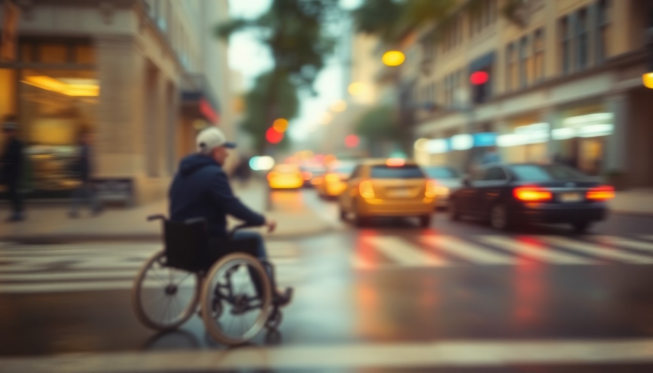 An abstract, impressionistic scene of a person in a wheelchair on a city street, captured through a hazy, out-of-focus lens, conveying the emotional and practical difficulties of living with a disability.
