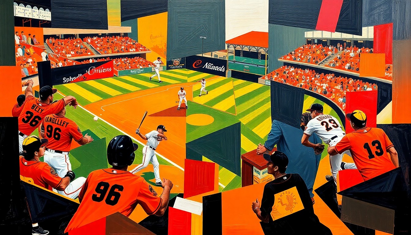A cubist-style painting depicting a baseball game or players broken down into sharp, overlapping geometric shapes in the Orioles' team colors of orange and black, conveying the complex negotiations behind the team's contract agreements.