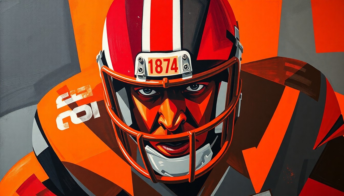 A fragmented, cubist-style painting depicting an offensive lineman in motion, with sharp geometric shapes and planes in shades of red, orange, and grey, conceptually representing the strategic importance of offensive line play in football.