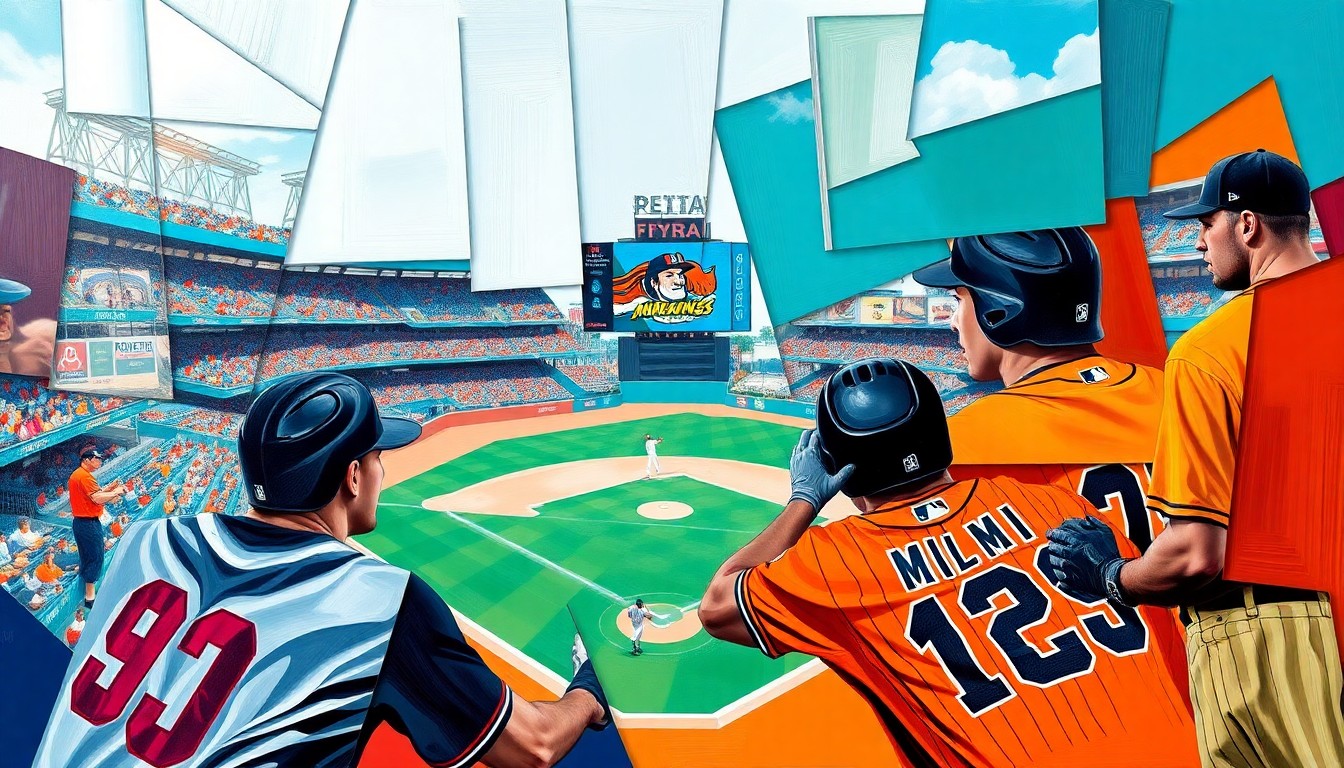 A fragmented, geometric painting depicting a baseball game between the Detroit Tigers and Miami Marlins, with sharp, overlapping planes of vibrant colors representing the teams' uniforms and the intensity of the matchup.