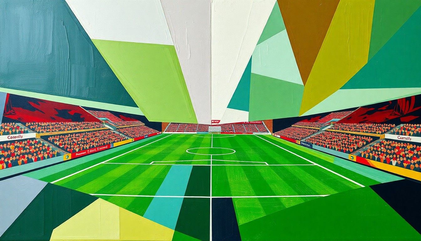 A fragmented, abstract painting depicting a soccer match, with the players and field broken down into sharp, overlapping planes of color representing the competing teams.