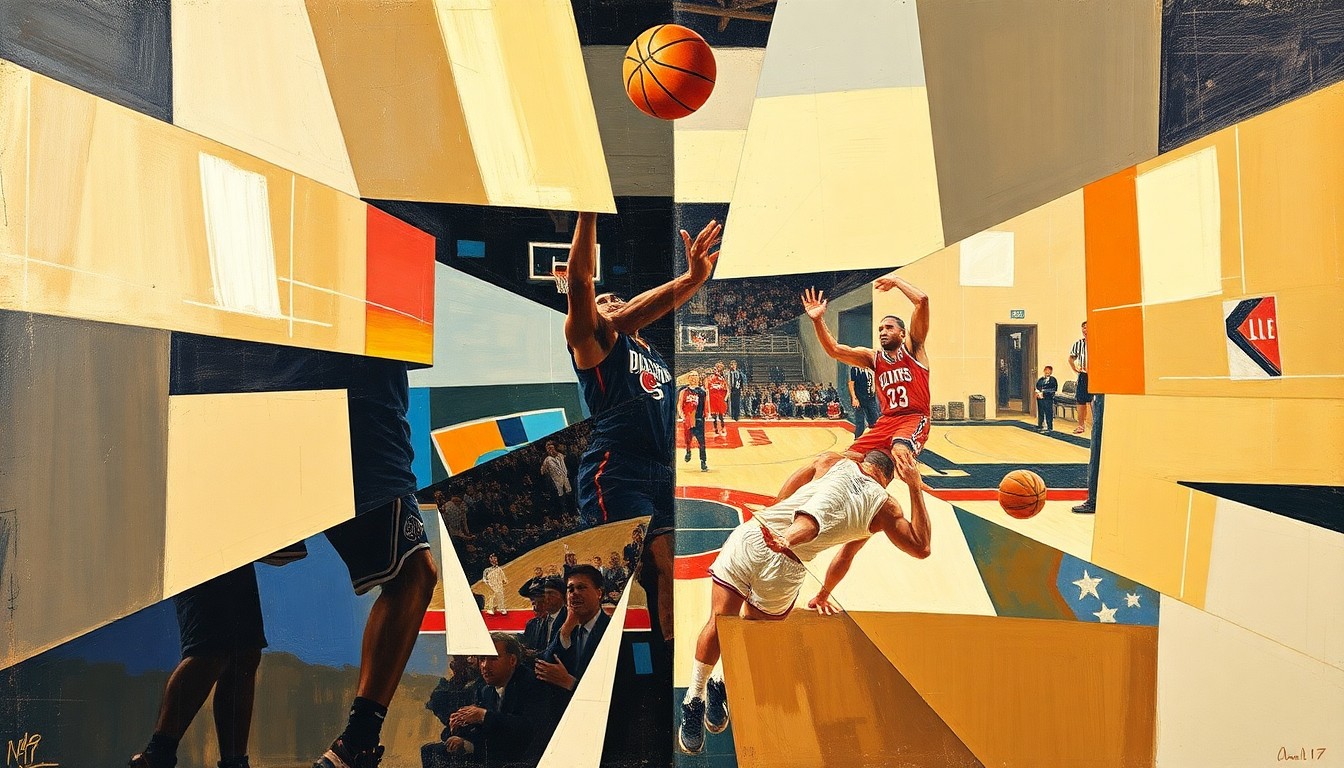 A fractured, multi-perspective painting breaking down a basketball game between two teams into sharp, overlapping geometric planes in vibrant colors.