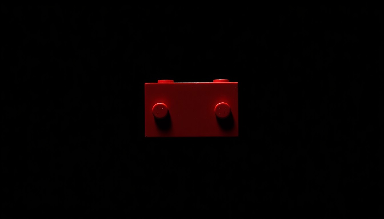 An extreme close-up photograph of a single LEGO brick against a pitch-black background, lit by a harsh, direct camera flash, conceptually illustrating the recovery of stolen goods from a major cargo theft.