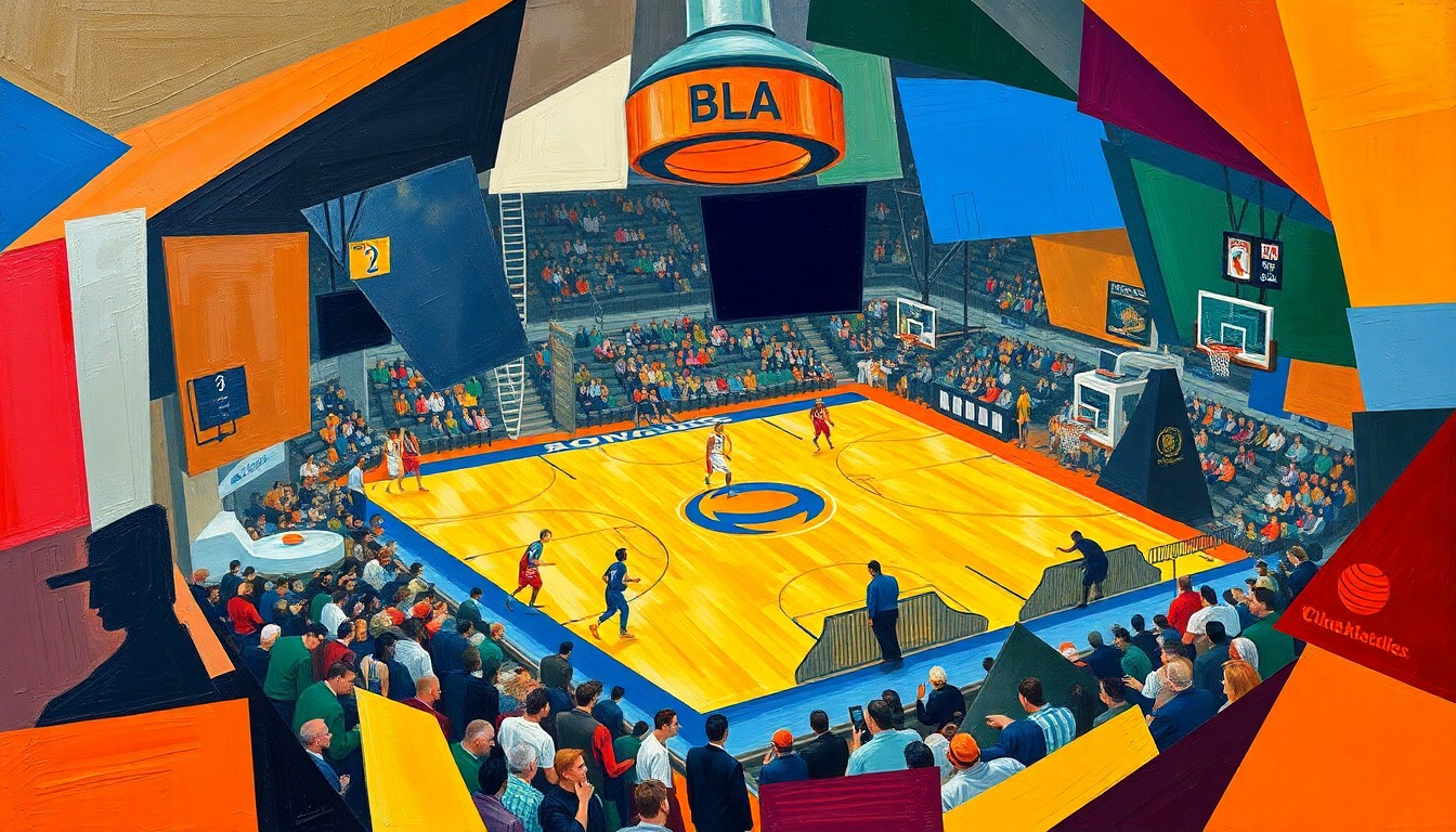 A cubist, geometric painting depicting a fragmented, multi-perspective view of a college basketball game, with sharp planes of color representing the dynamic action on the court.