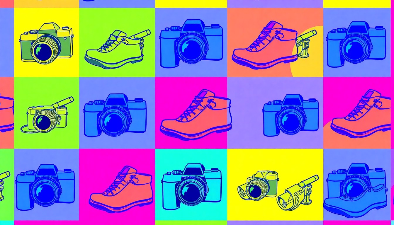 A high-contrast, silkscreen-style illustration featuring a repeated pattern of a camera, telescope, or hiking boot in a grid of vibrant neon colors, conceptually representing the diverse subjects and perspectives captured in the year's most striking photographs.