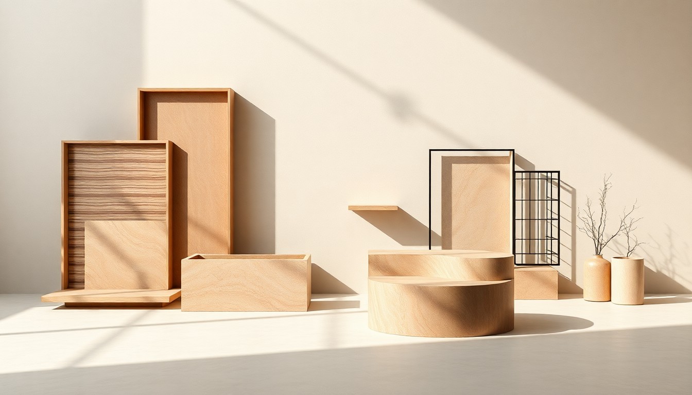 A high-end, photorealistic studio still-life photograph featuring a collection of premium, geometric retail display fixtures in muted earth tones, arranged elegantly on a clean, monochromatic seamless background. The objects are lit dramatically with sharp shadows, conceptually representing the abstract concepts of commercial real estate and urban redevelopment.