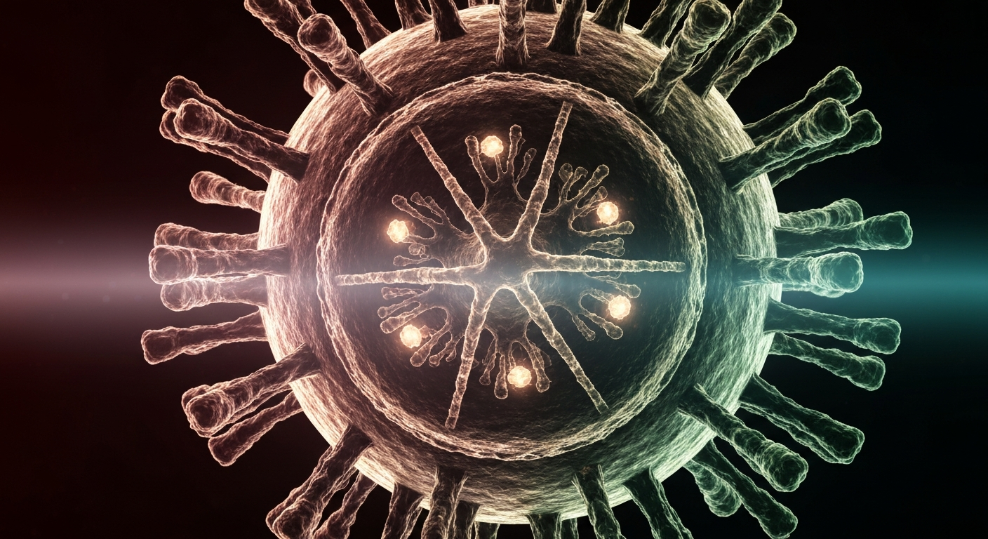 An extreme close-up X-ray photograph showing the ghostly, glowing internal structure of a measles virus particle, conveying the scientific and medical urgency of containing this outbreak.