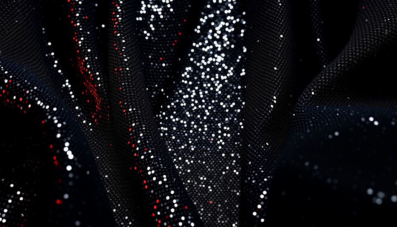 An abstract close-up photograph of shimmering black sequins and glittering mesh fabric, using dramatic high-contrast studio lighting to create a high-fashion, glamorous aesthetic without depicting any literal objects or people.