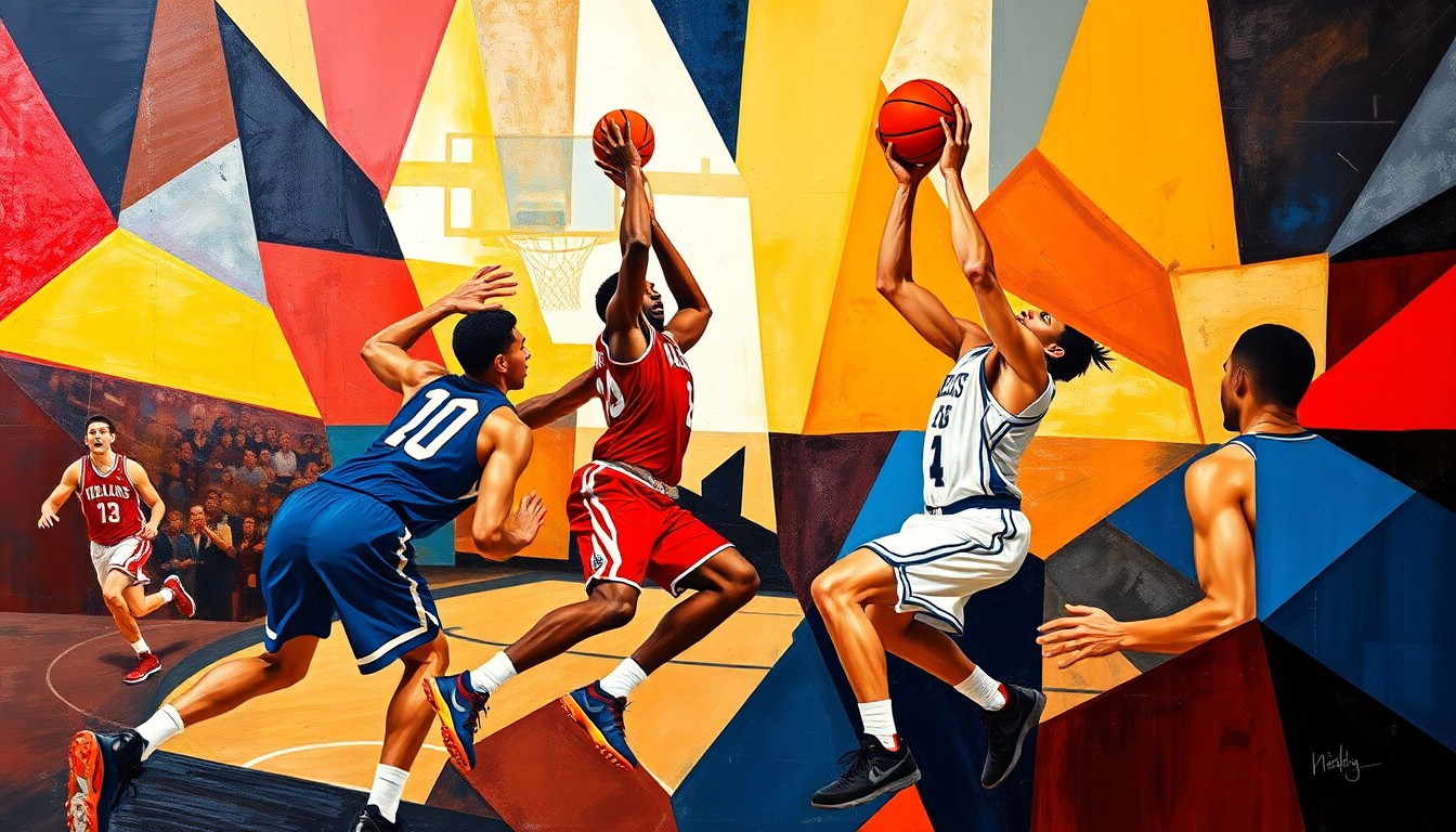 A cubist, geometric painting depicting a fragmented college basketball game, with players' forms abstracted into sharp, overlapping shapes in a vibrant color palette, conceptually representing the complex power dynamics at play in the world of college sports.