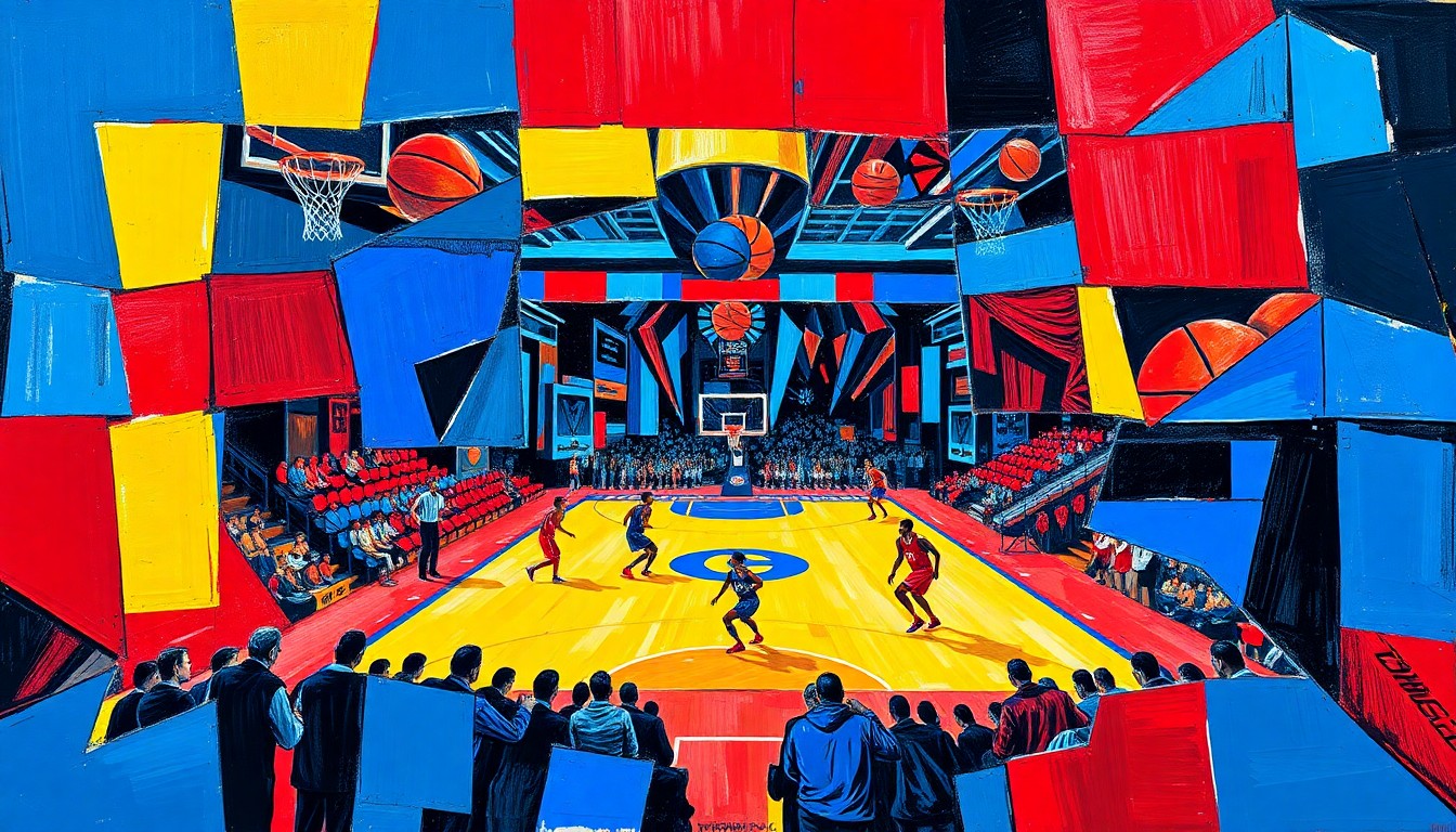 A fragmented, cubist-style painting depicting a college basketball game or tournament action, with sharp, overlapping geometric shapes in vibrant colors like royal blue, crimson red, and golden yellow, conveying the strategic depth and competitive spirit of the NCAA conference tournaments.