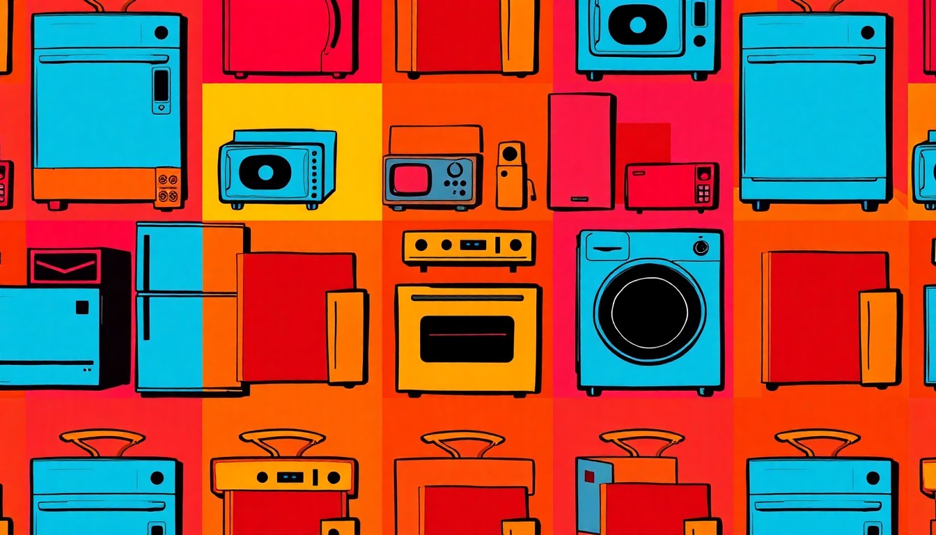 A brightly colored, high-contrast silkscreen print of a kitchen appliance, such as a stove or refrigerator, repeated in a tight grid pattern, capturing the modern, vibrant aesthetic of the updated home.