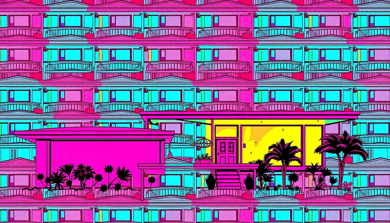 A brightly colored, high-contrast silkscreen print of a single, iconic Mid-Century Modern home exterior, repeated in a tight grid pattern, capturing the vibrant and unique character of this San Francisco property.