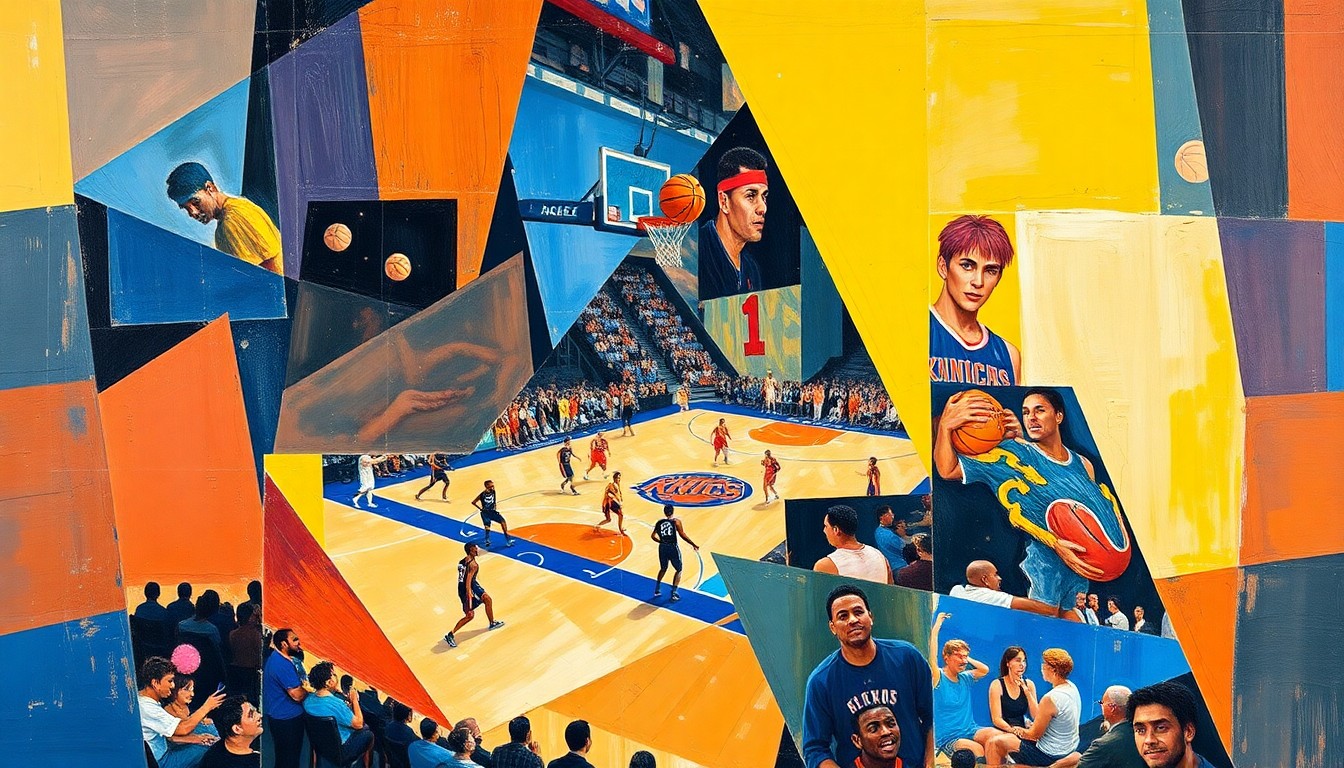 A cubist, geometric painting depicting a Knicks basketball game, with the players and court broken down into sharp, overlapping planes of color and shape, capturing the dynamic energy and strategic complexity of the team's success.
