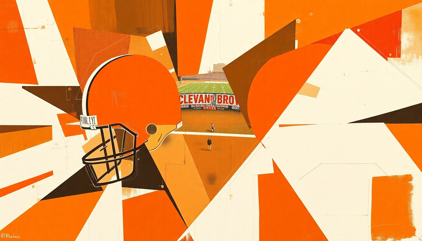 A cubist, geometric painting depicting a fragmented Cleveland Browns football game, with sharp planes of orange, brown, and white representing the team's strategic dilemma.