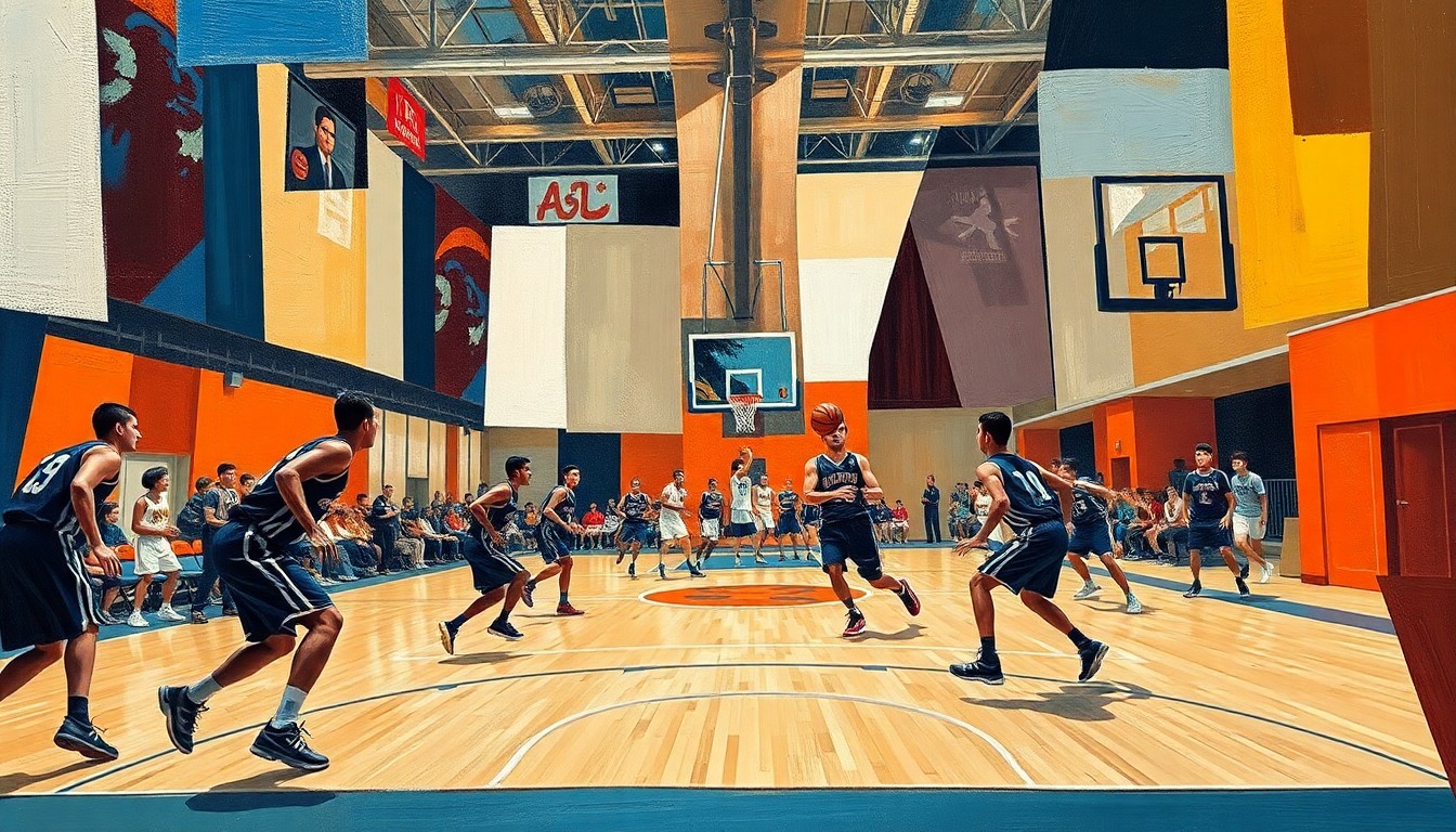 A fractured, multi-perspective painting in the style of Pablo Picasso, depicting a high school basketball game broken down into sharp, overlapping geometric planes. The players' movements and the court's energy are captured through a cubist lens, without any text or identifiable elements.
