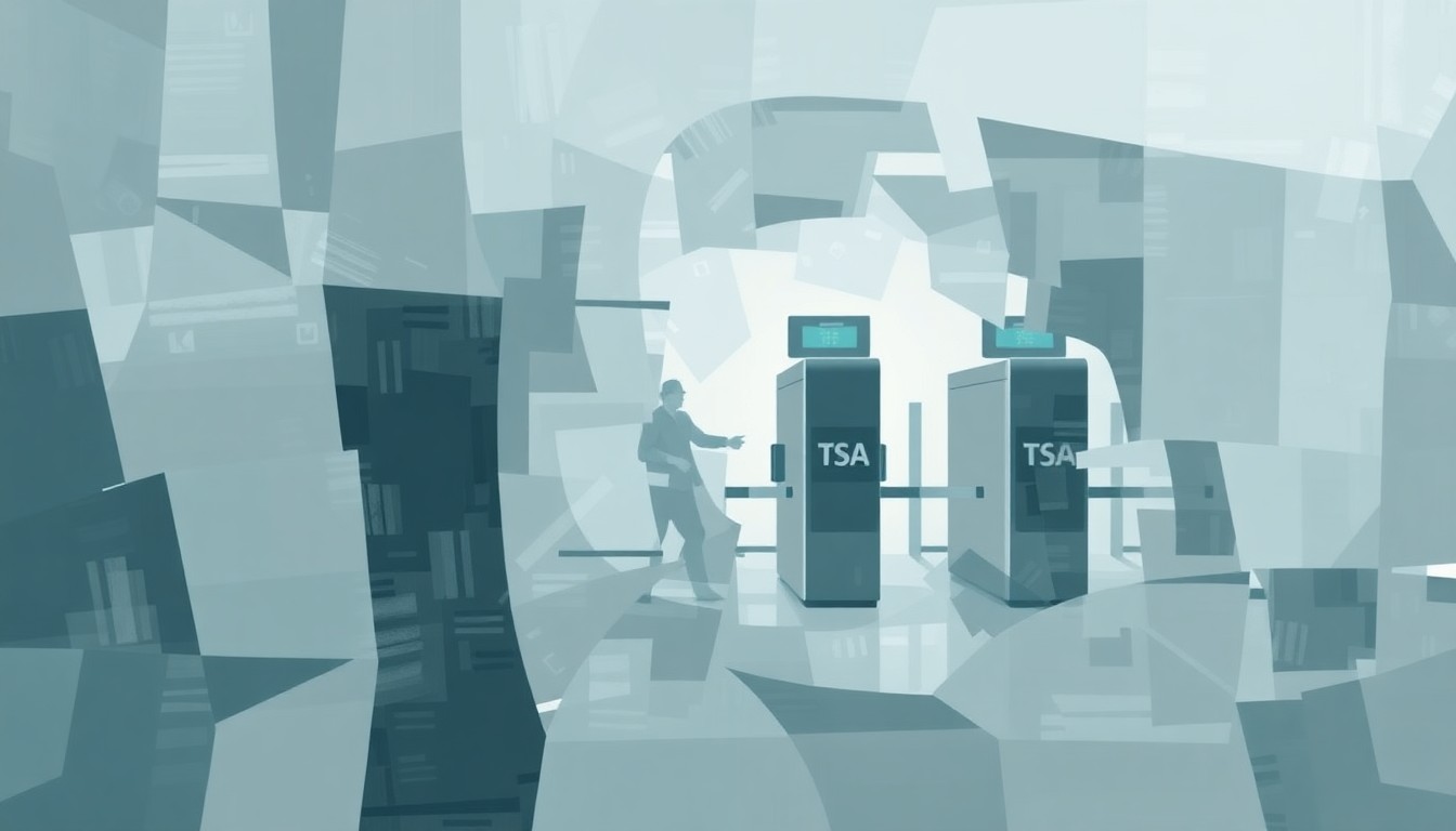 A fractured, abstract painting in muted tones depicting the chaotic motion of a TSA security checkpoint, conveying the disruption and uncertainty facing air travel.