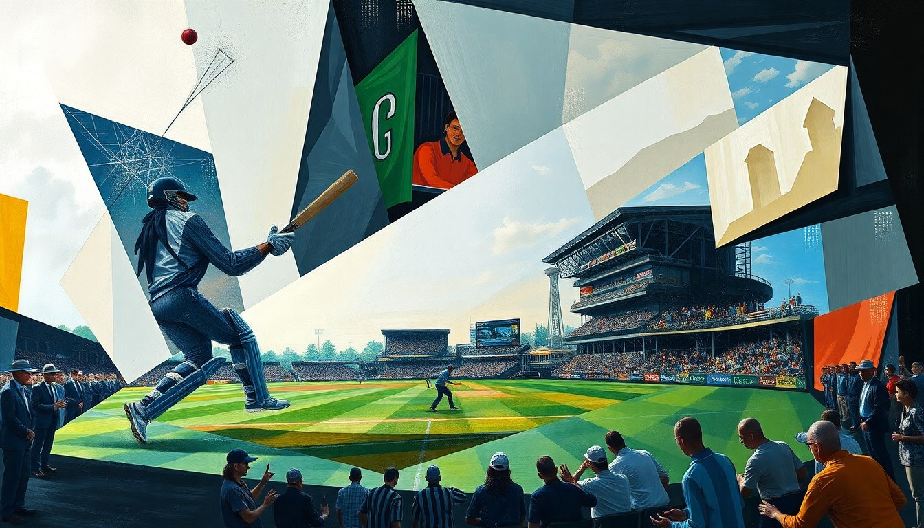 A cubist, geometric painting depicting a cricket match between two teams, with the players and field broken down into sharp, overlapping planes of color and shape, conveying the global and interconnected nature of modern cricket.