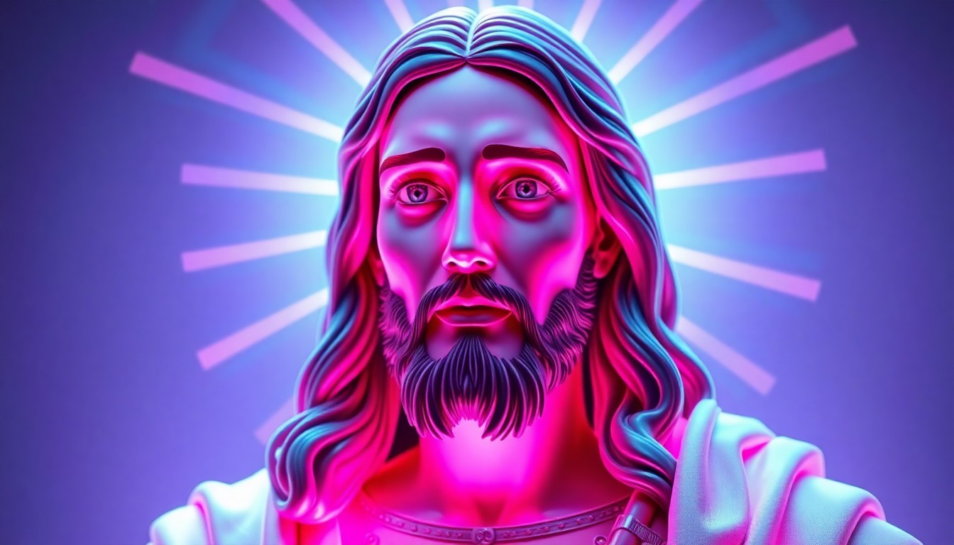 A highly detailed, glowing 3D illustration of a futuristic, luminous AI avatar of Jesus Christ, with neon cyan and magenta lights emanating from the figure's face and robes, conceptually representing the integration of technology and spirituality.