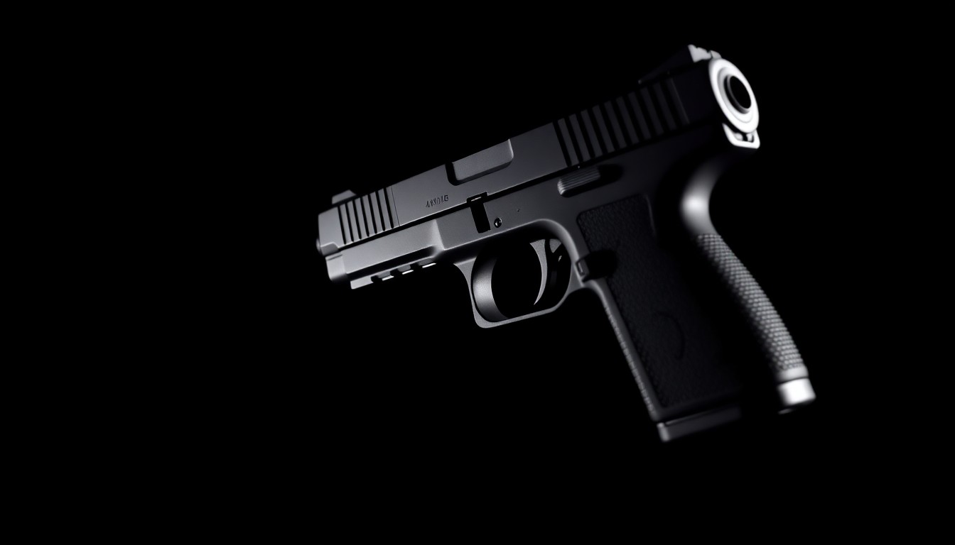 An extreme close-up photograph of a semi-automatic pistol against a pitch-black background, lit by a harsh, direct camera flash, conceptually illustrating the investigation and prosecution of illegal firearm possession.