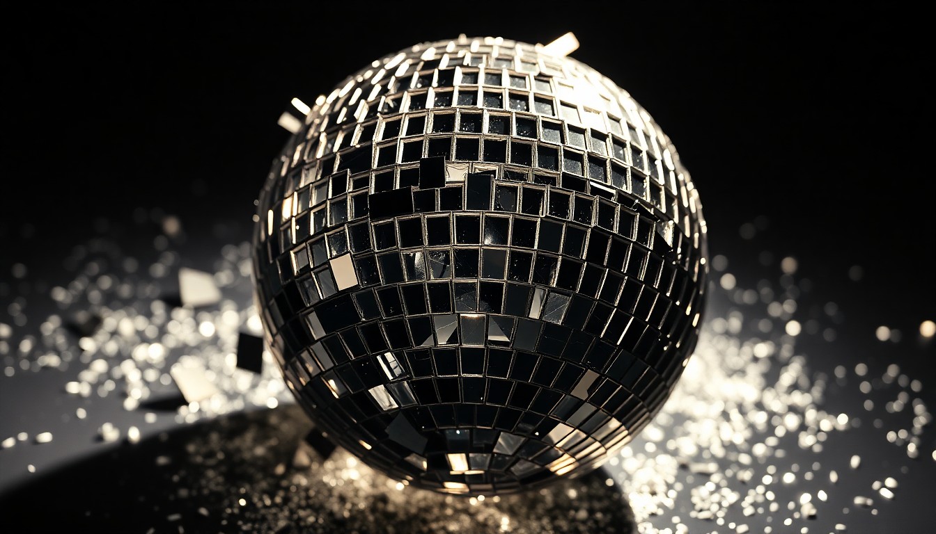 An extreme close-up of a shattered disco ball reflecting glittering shards of light, conceptually representing the glitz and glamour of rock 'n' roll that inspired Iggy Pop.