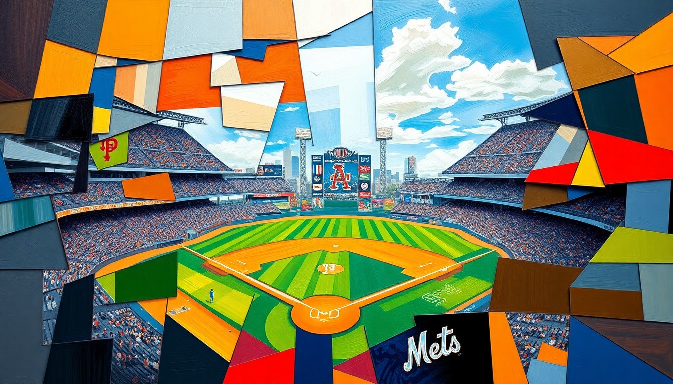 A fragmented, geometric painting in bold colors representing the Giants and Mets, capturing the intensity and strategic nature of their early-season matchup.