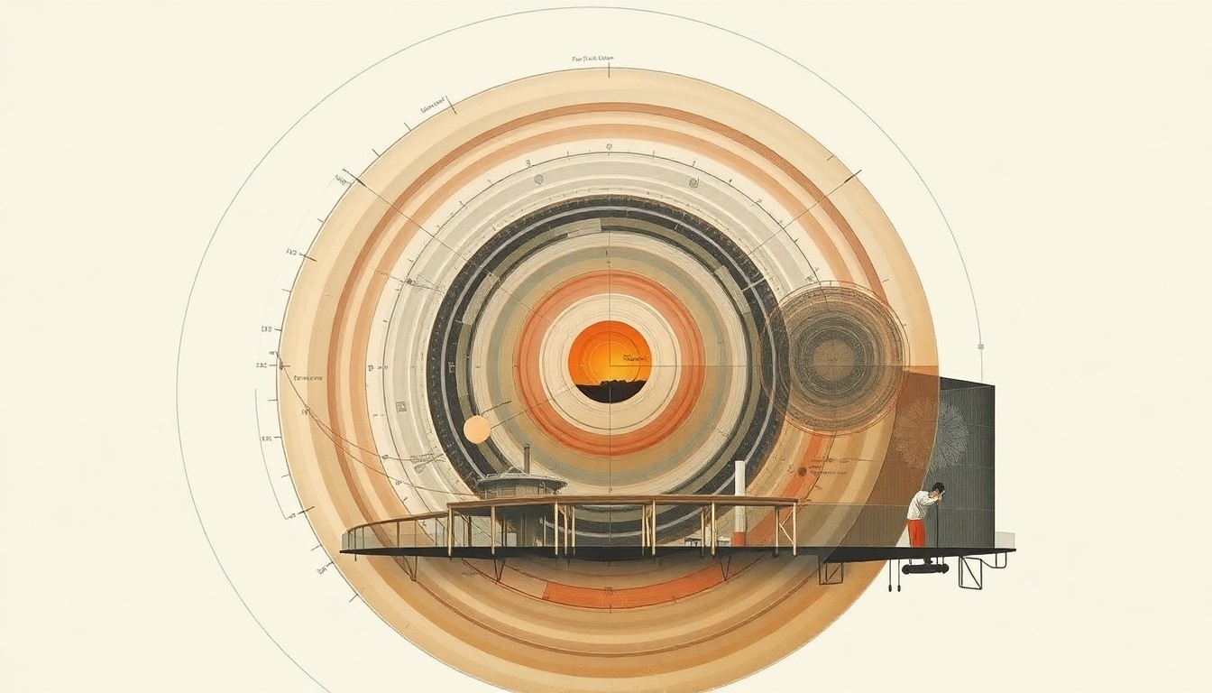 A bold, abstract painting in soft, flat colors depicting the intricate architectural and engineering systems of the Écosystème D building in Dunkirk, France, using sweeping geometric shapes and precise spirals to convey the structure's sustainable energy features.