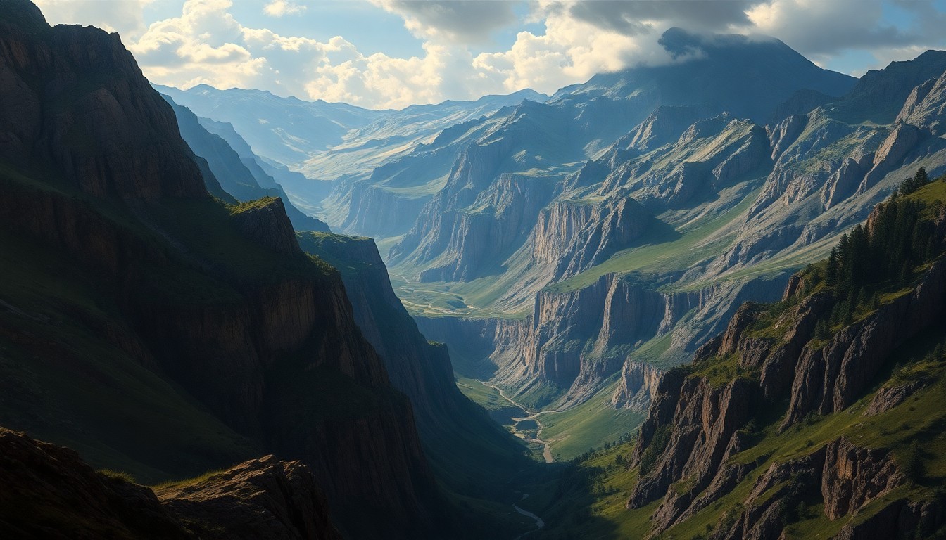 A vast, majestic landscape painting in muted earth tones, with a dramatic fault line cutting through the mountainous terrain, conveying the overwhelming scale of the natural forces at work.