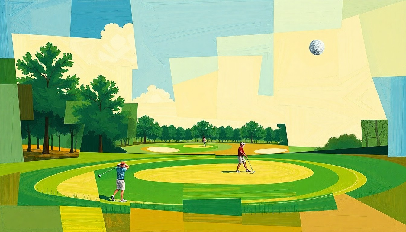 A fragmented, geometric painting depicting the dynamic action and multiple perspectives of a high school golf competition.