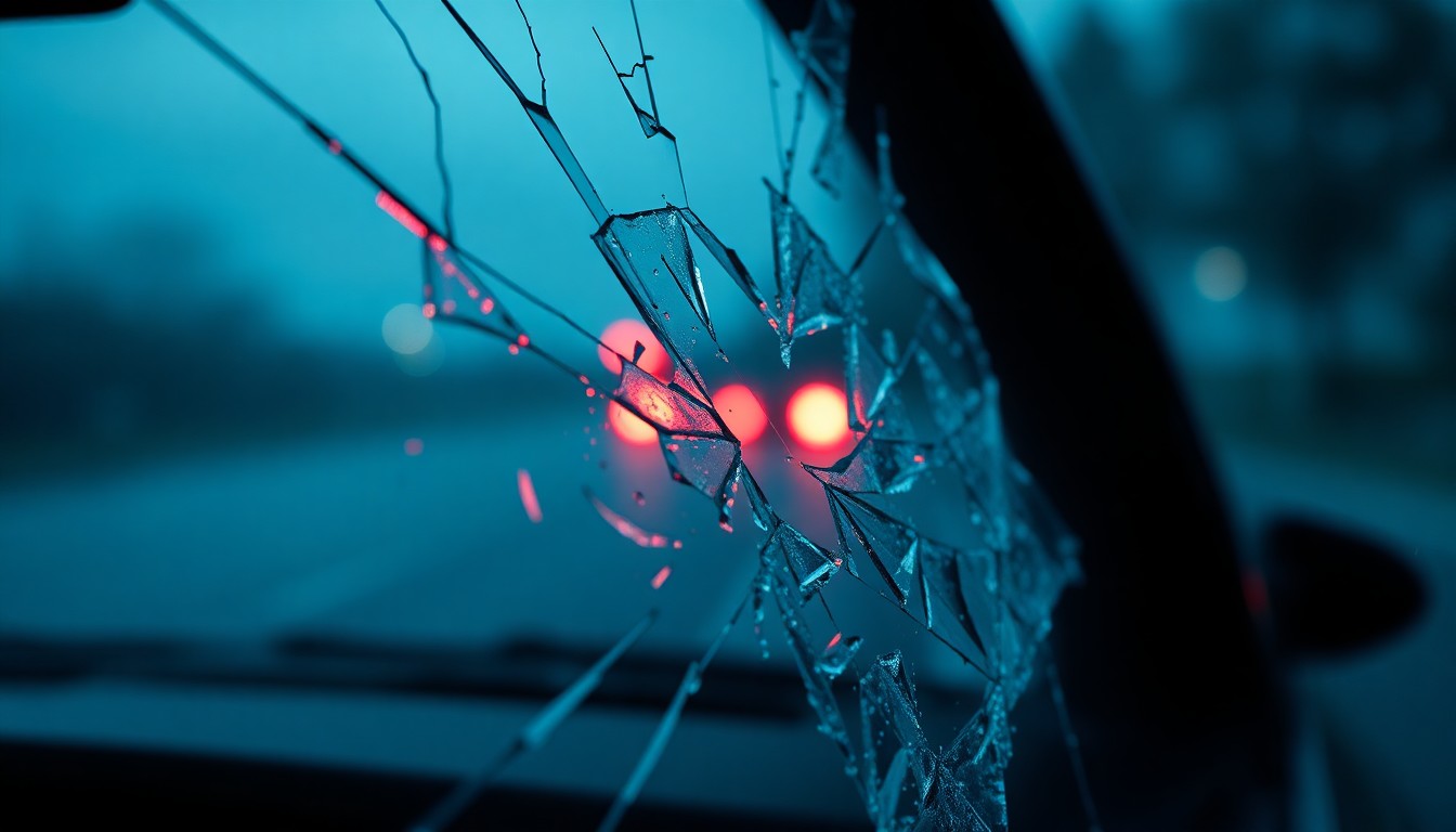 An extreme close-up photograph of shattered car window glass reflecting a faint red light, conceptually representing the aftermath of a high-speed police pursuit.
