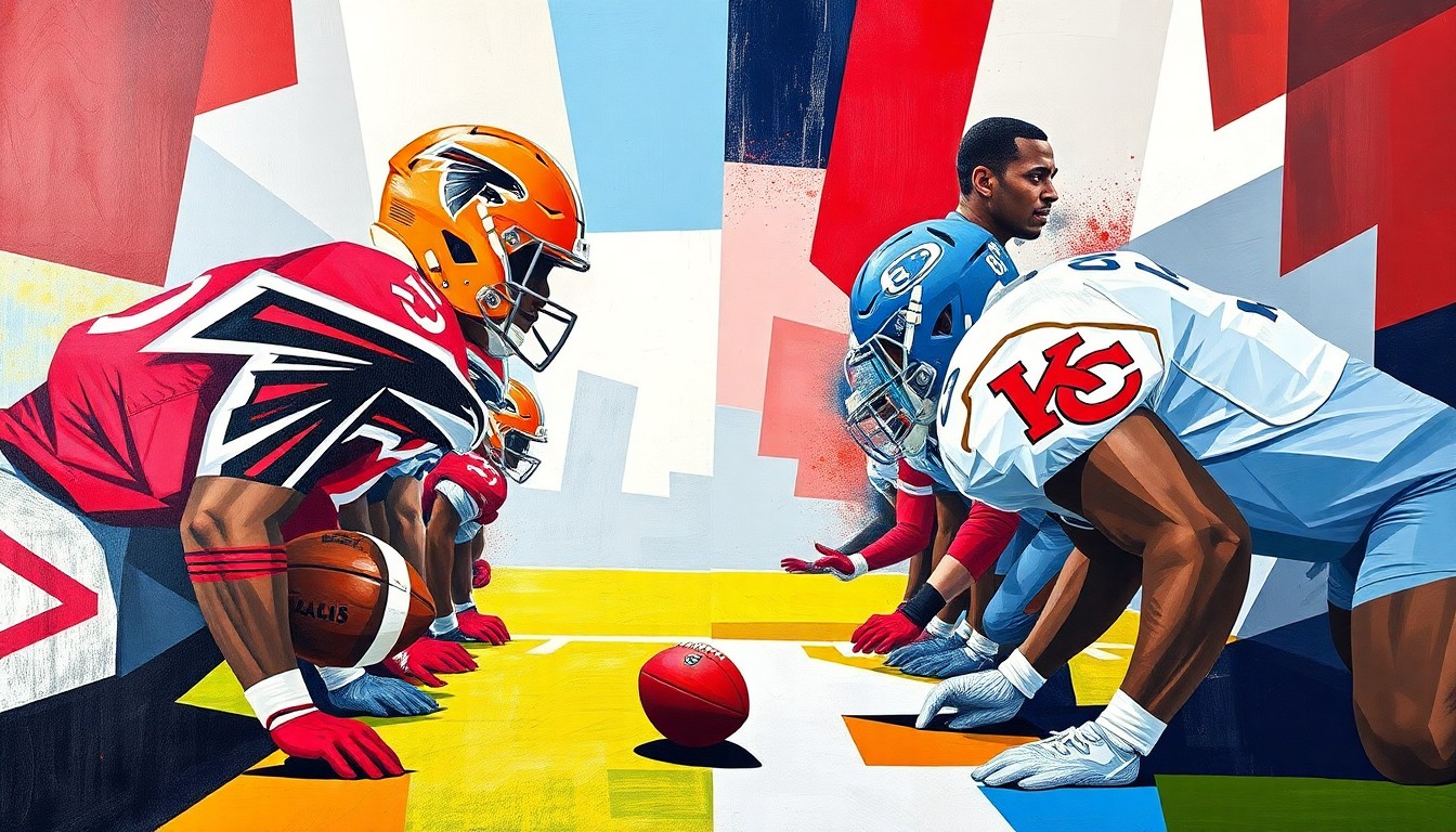 A cubist, geometric painting depicting an abstract football offensive line in the colors of the Atlanta Falcons and Kansas City Chiefs, conveying the conceptual idea of roster changes and line rebuilding.