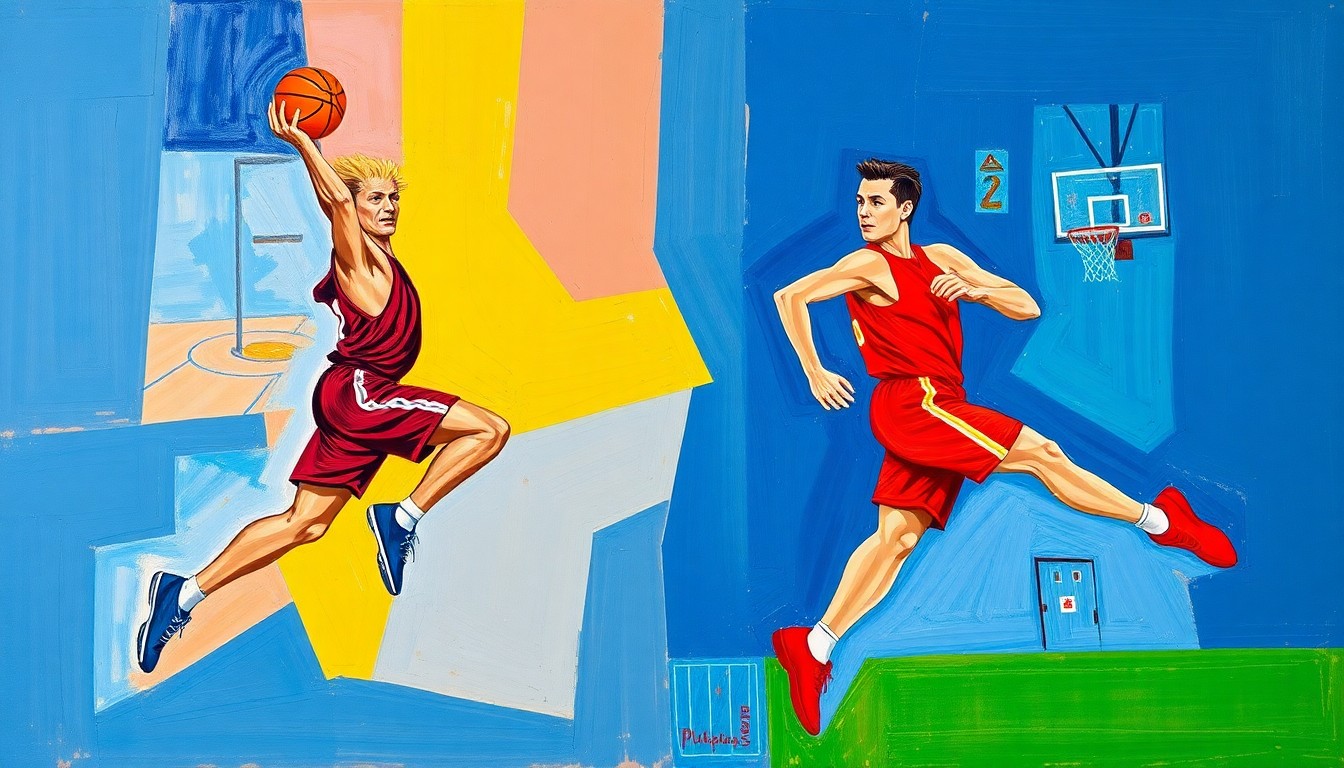 A cubist-style painting depicting the fragmented forms of a basketball player mid-jump shot and a runner mid-stride, their bodies broken down into sharp, overlapping geometric planes in a vibrant palette, conceptually representing the athletic achievements of local student-athletes.