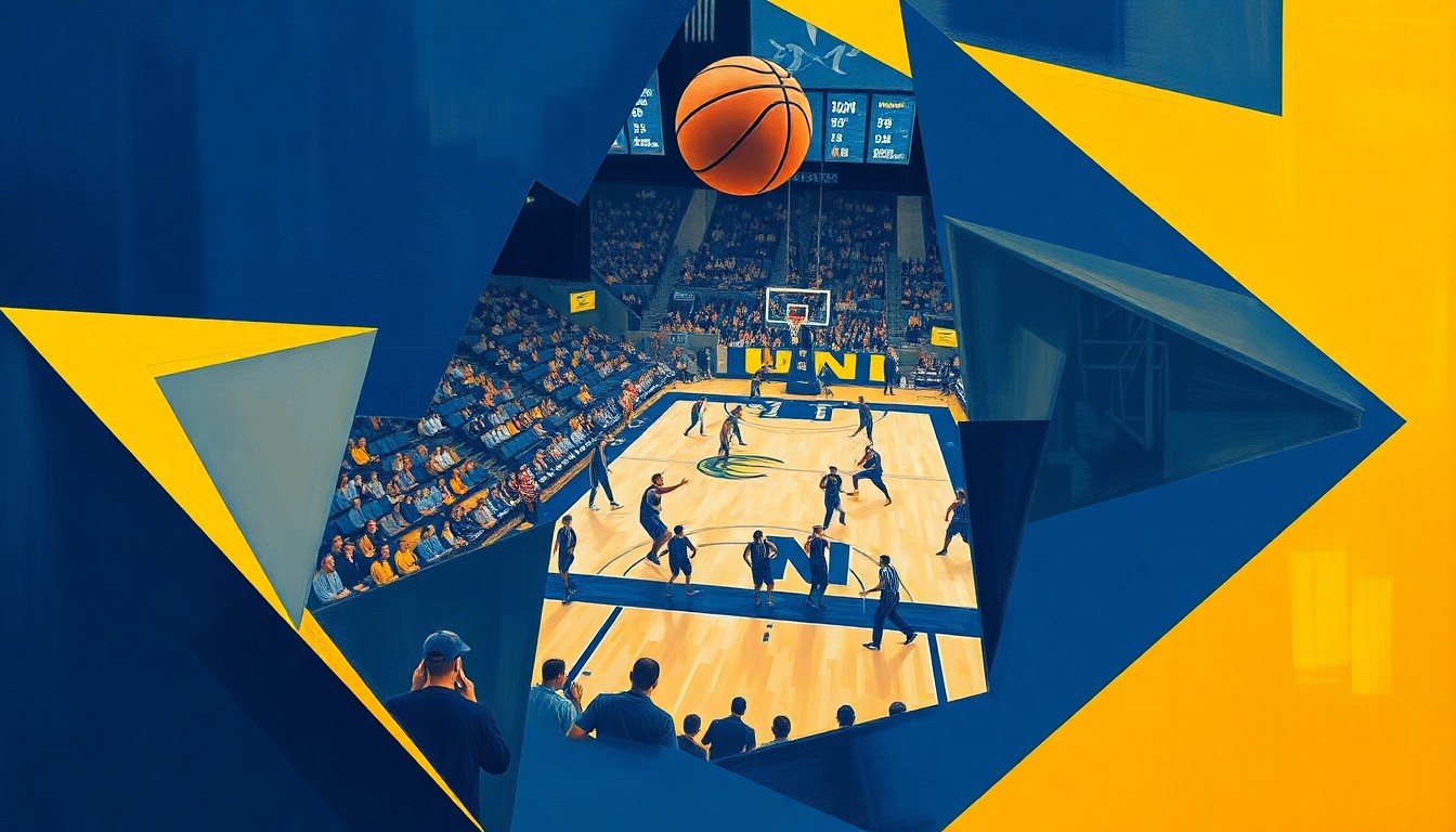A cubist-style painting featuring fragmented geometric shapes in navy blue and gold, representing the dynamic action and energy of a basketball game.