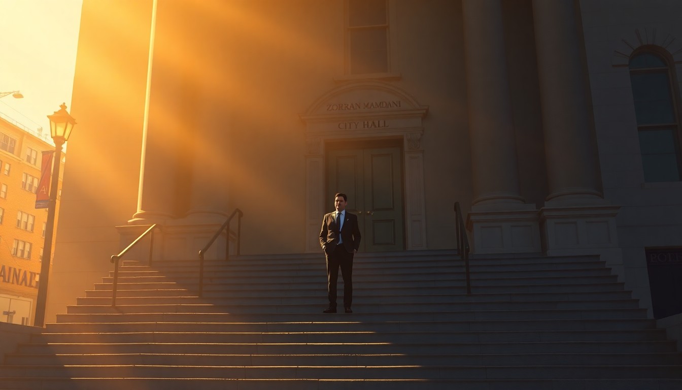 A solitary figure of a man standing on the steps of a government building, the scene bathed in warm, dramatic lighting and deep shadows, conveying a sense of quiet contemplation and civic responsibility.