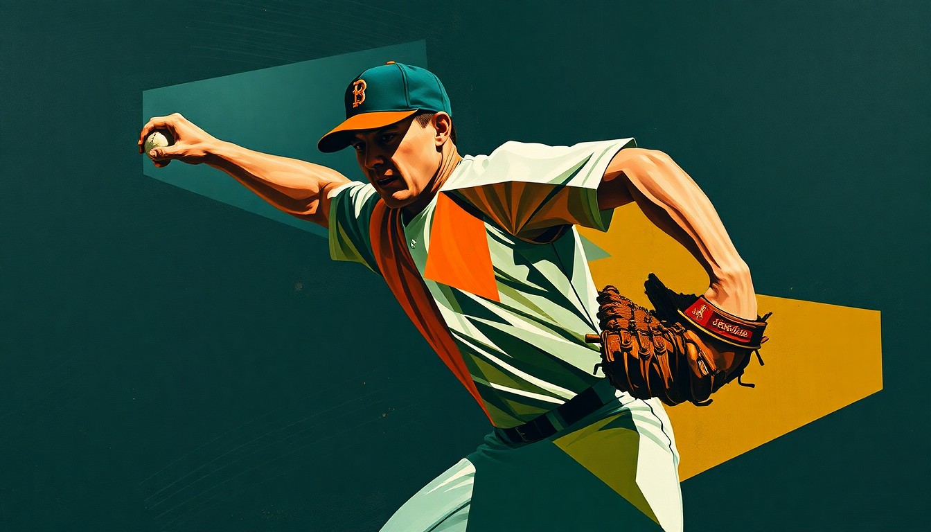 A fragmented, multi-angled painting depicting a baseball pitcher's motion broken down into sharp, overlapping geometric shapes in muted tones, conveying the sport's intricate physicality.
