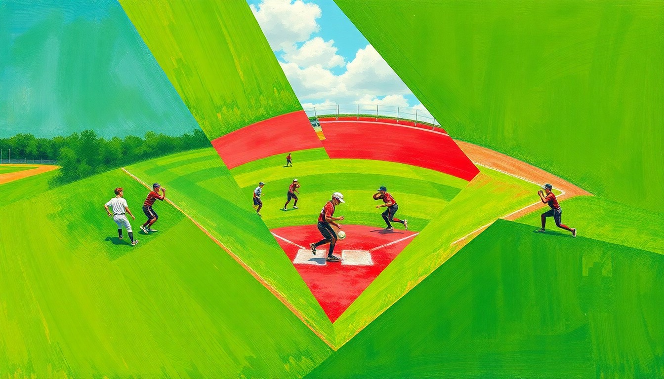 A fragmented, geometric painting depicting the dynamic motion and competition of a high school softball game, with players' bodies and the field's elements broken down into sharp, overlapping planes of color.