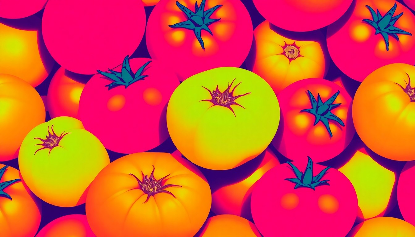 A high-contrast, silkscreen-style illustration of a single, iconic farmers market produce item like a tomato or apple, repeated in a tight grid pattern with a neon color palette and heavy black outlines, conceptually representing the lively atmosphere of a local community market.