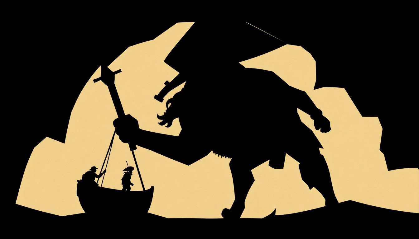 A striking black silhouette of a pirate ship's mast and rigging, with a jagged, angular design that evokes the dramatic, high-stakes nature of the Captain Hook origin story.