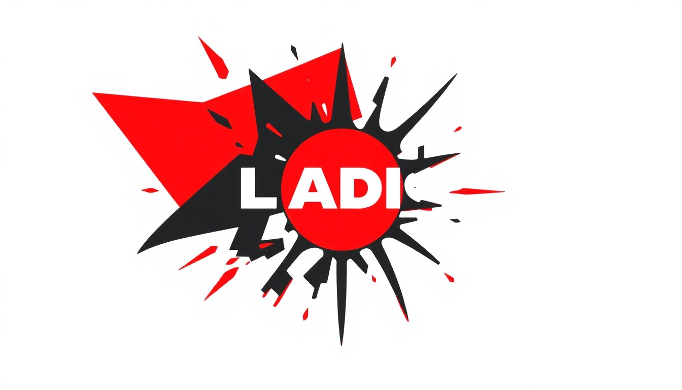 An abstract, minimalist illustration featuring stark black and white geometric shapes overlaid with bold splashes of bright red, conveying the dynamic energy and excellence of a local radio station.