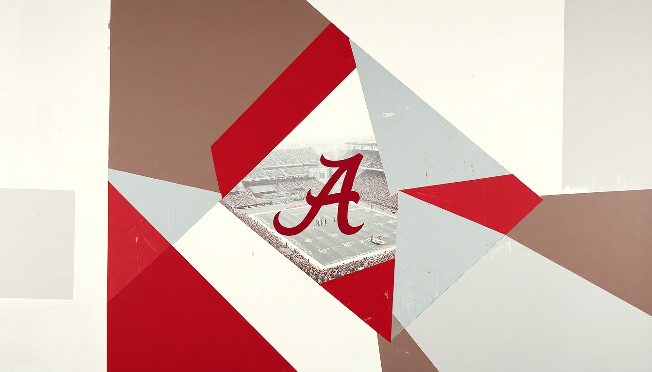 A cubist, geometric painting depicting an Alabama football game, with the players and field broken down into sharp, overlapping planes of crimson red, white, and gray.